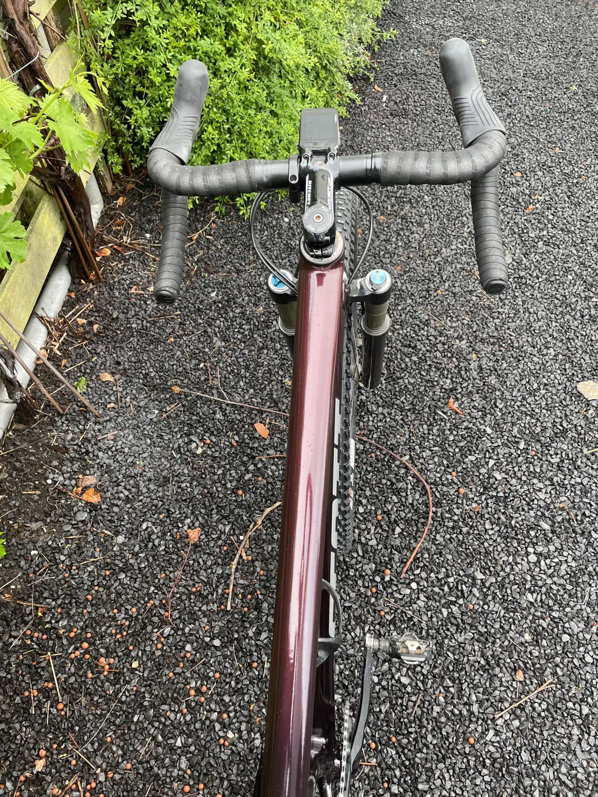 Cockpit and top tube viewed from the saddle