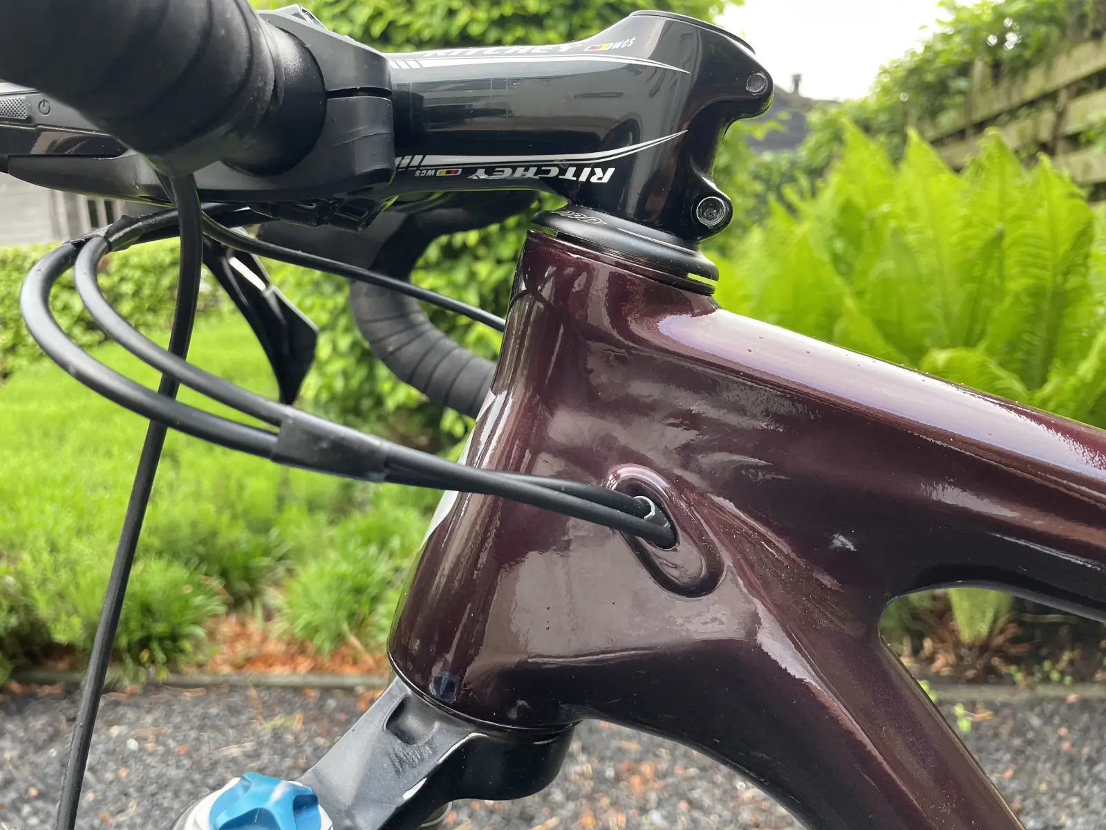 Head tube close-up from the left, with the chrome stencil decal under clear coat