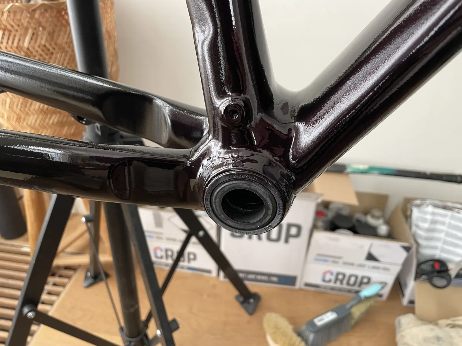 Clear-coated frame, drive-side near the bottom bracket