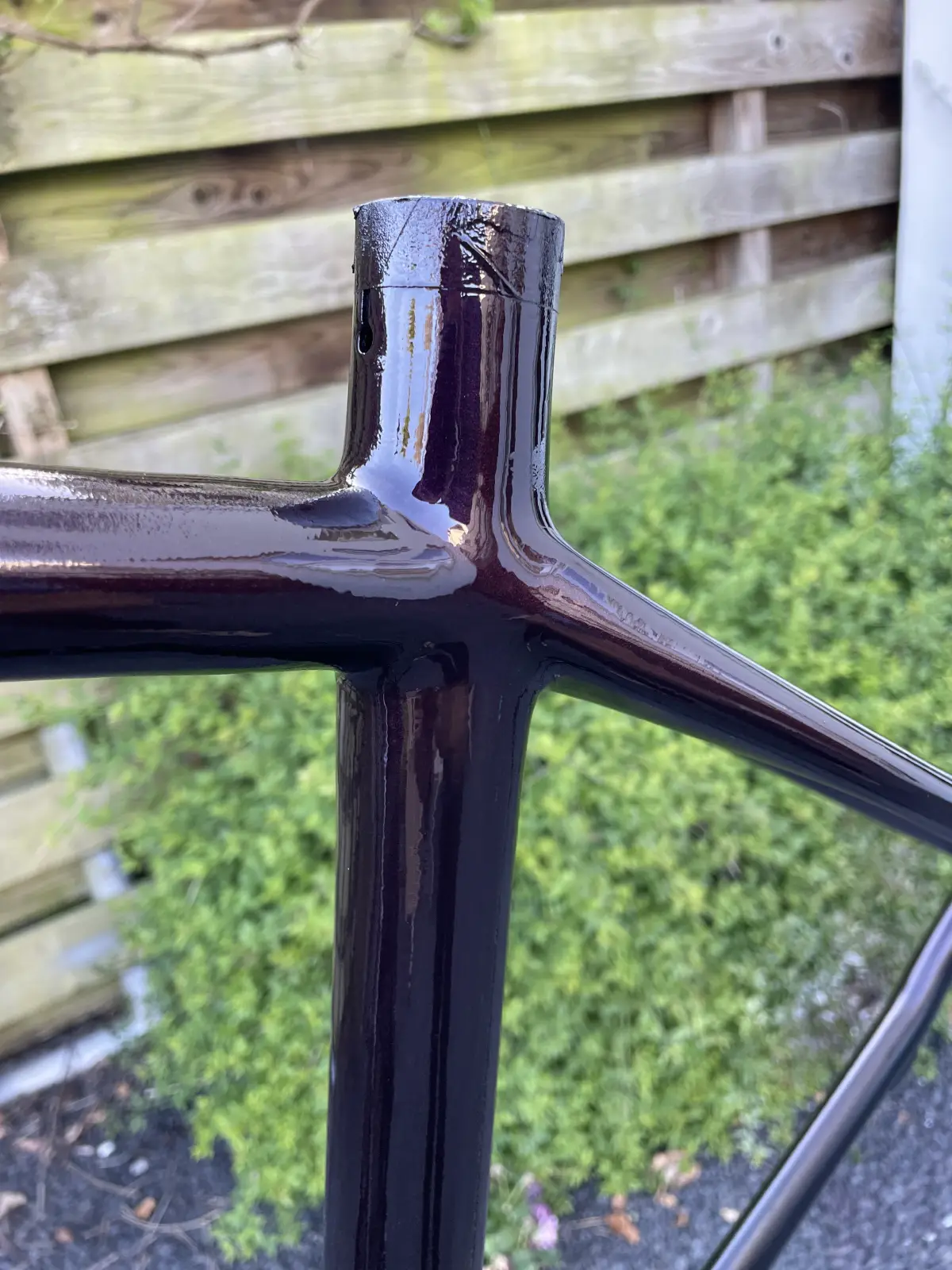 Clear-coated frame, close-up at the seat-post junction
