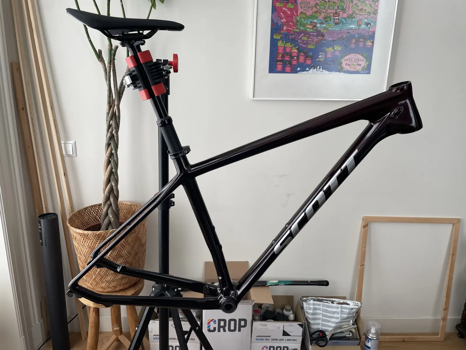 Clear-coated frame, drive side, with dropper post installed