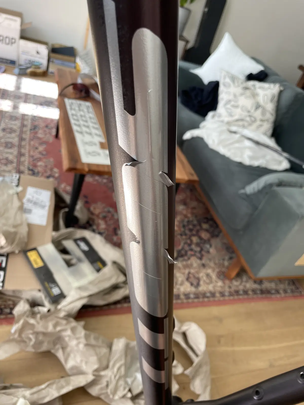 SCOTT chrome decal fully revealed after stencil removal